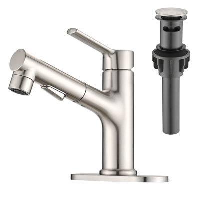 Pull Out Single Hole Bathroom Sink Faucet With Metal Pop Up Drain