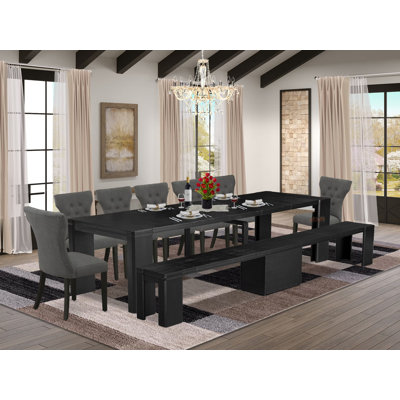 Ensemble de table de salle à manger 9 pièces comprenant une table de salle à manger rectangulaire, un banc en bois et 7 chaises de cuisine en tissu de lin gris foncé Gotham, noir brossé