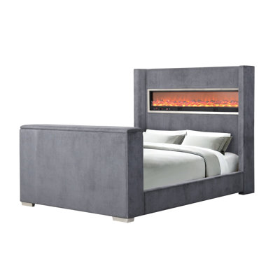 Gray Eastern King Size Bed With Wingback Headboard, 3D Fireplace, Tv Lift, And Link Contemporary Fireplace On Sd Card Slot