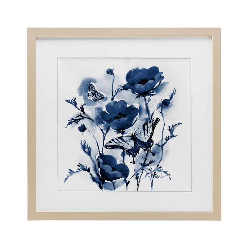 «Indigo Poppies & Butterflies», reproduction encadrée sous verre, conception de Paul Brent, Cadre de récolte en pin