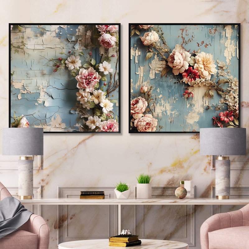Ensemble de 2 pivoines roses et roses, Cadre flottant noir, H 16 po x l 33 po