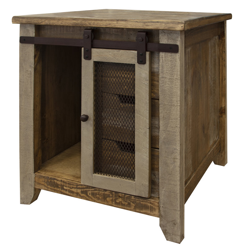 Rustic Multicolor Solid Wood End Table with Iron Mesh Door