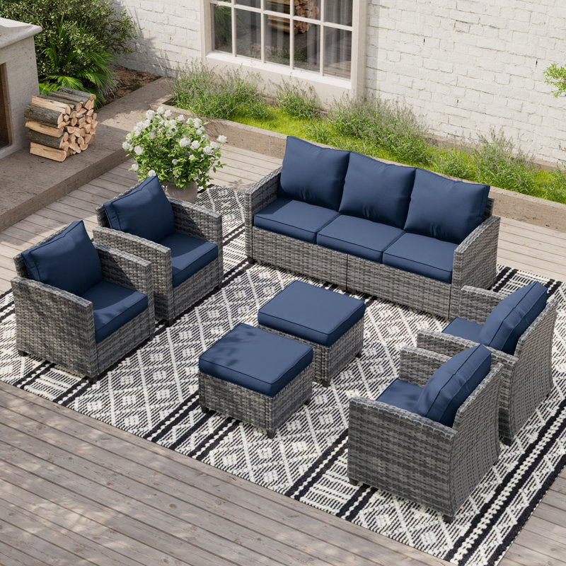 Samya 7/9 - Person Outdoor Conversation Sets With Rocking Chairs&Ottoman, Gray Frame/Navy Cushion