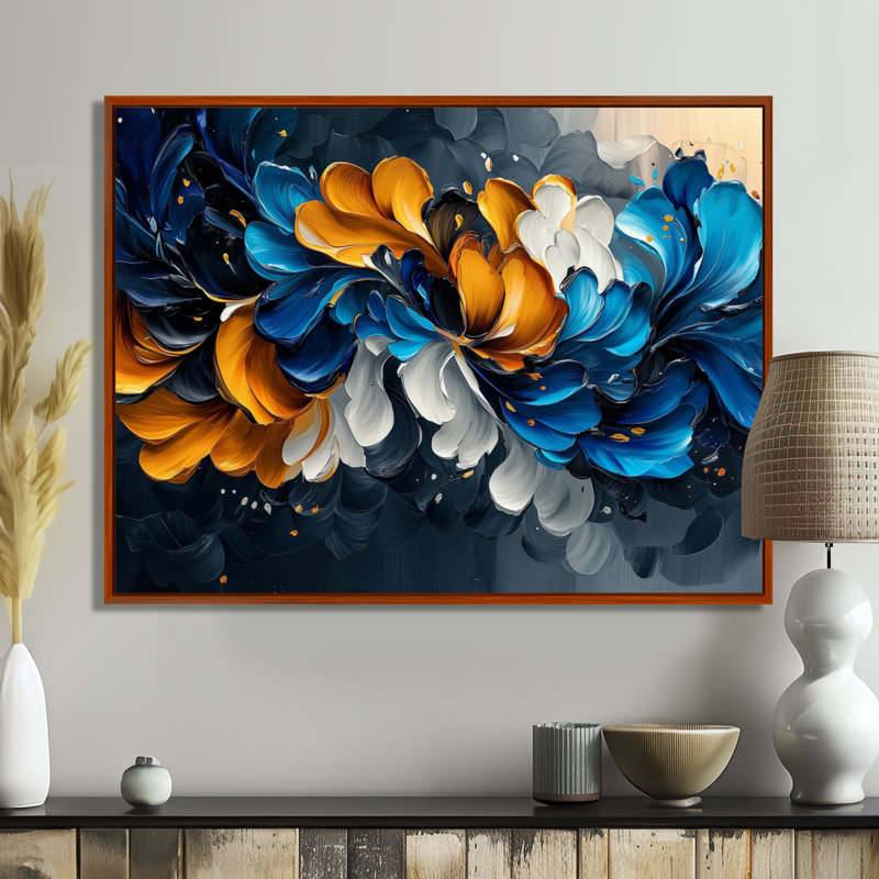 Bleu orange délicat, pétales de fleurs en mouvement - fleurs abstraites, art mural, H 12 po x l 20 po, Cadre flottant, Brun