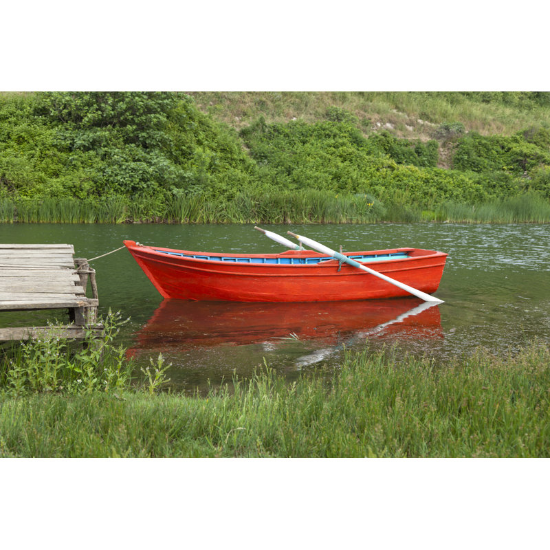 Red Rowing Boat On Water by Sitade - No Frame Print on Canvas, 30cm H x 46cm W