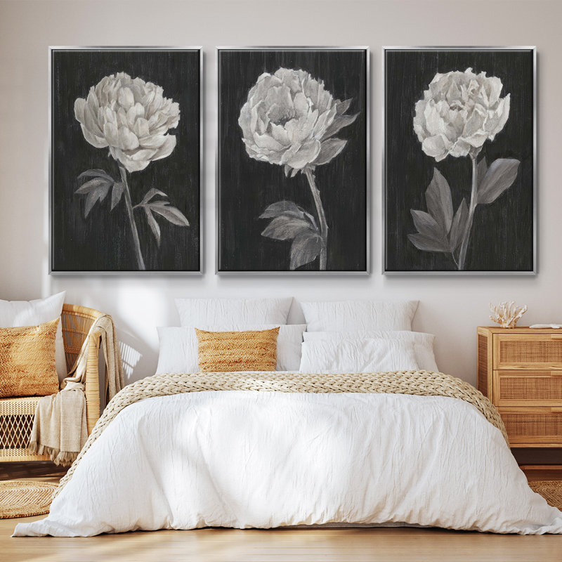 Fleurs noires et blanches I 3 pièces, Argent, H 40 po x l 78 po