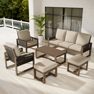 6-Piece Cedar Wood Wicker Patio Outdoor Sofa Seating Group with Olefin Cushions, Rectangle Coffee Table, Ottomans
