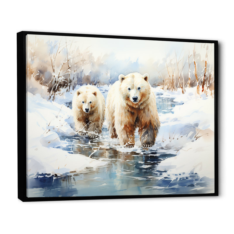 Ours polaires neige en hiver I - Ours 2, art mural, H 34 po x l 44 po x P 1,5 po, Cadre flottant noir