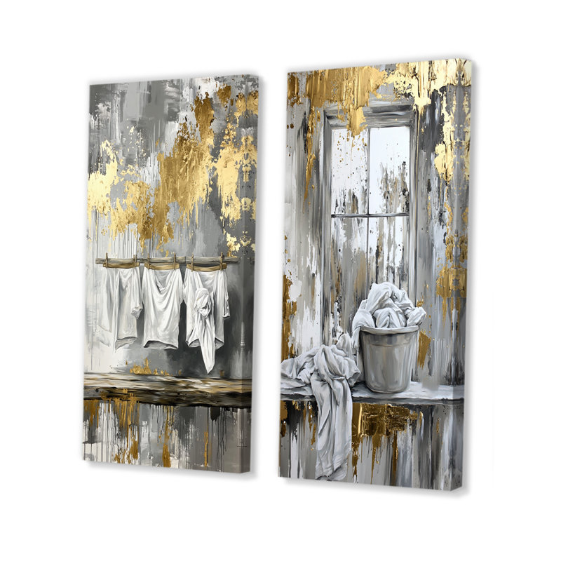«Gray Laundry Day Laundry III» - ensemble d'art mural 2 pièces, Toile tendue, H 28 po x l 24 po