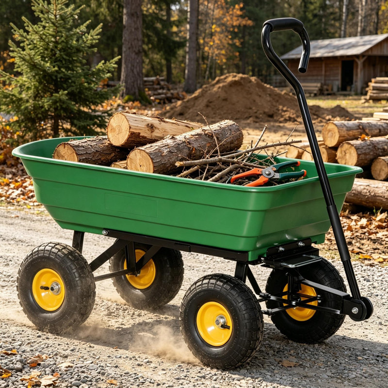 75L Heavy Duty Tipping Garden Dump Cart, 200kg Capacity Green 4-Wheel Trolley with Powder Coated Steel Frame & PP Tub, 4 Pneumatic Tyres for Grass, Soil & Pebble, for Plants, Logs, Tools & Festivals