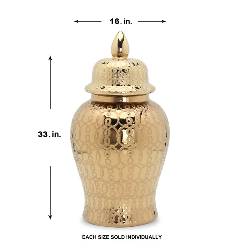 Hudson Handmade Gold Ceramic Ginger Jar with Lid – Available in 3 Sizes, Gold, 33" H x 16" W x 16" D