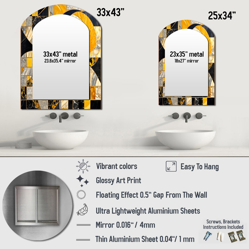 Gold and Black In Motion II - Abstract Shapes Asymmetrical Mirror, Gold Arch Unique Wall Mirror, Printed Metal Art, 34" x 25"