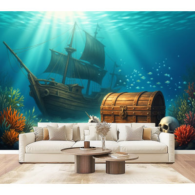 Peel and Stick Wallpaper Sunken Pirate Ship Treasure Chest Ocean Floor Coral Skull Golden Light Wall Murals 69"H x 96"W Removable PVC Wall Paper Self-Adhesive Wall Decor for Bedroom Living Room Home Office
