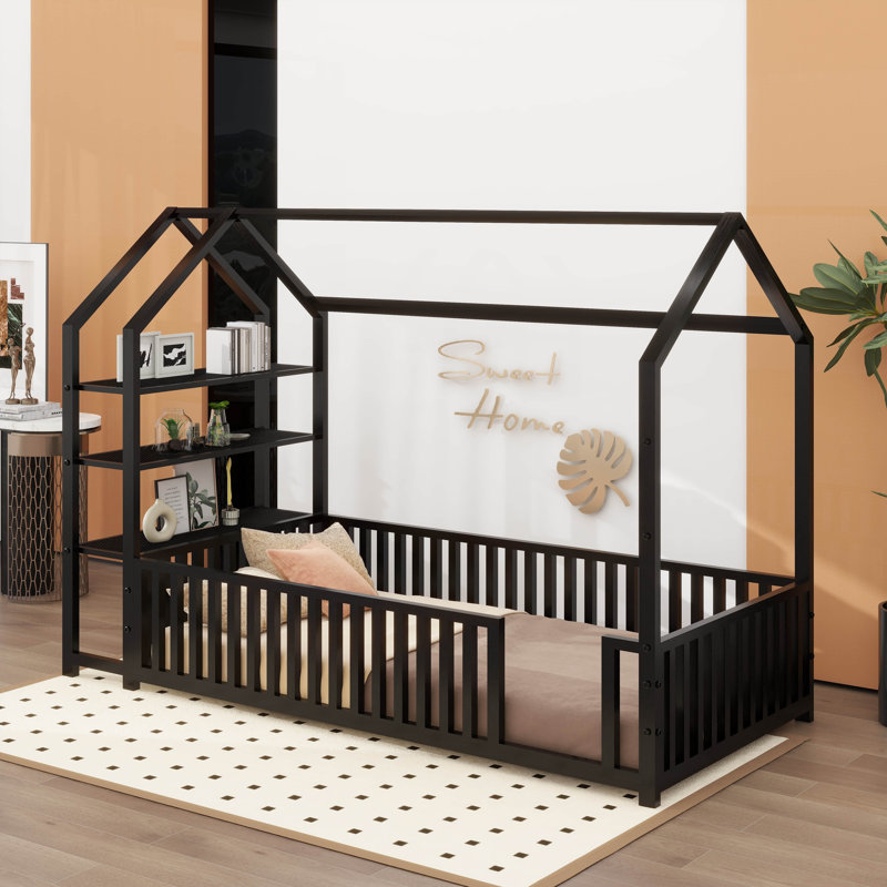 Metal House Bed With Detachable Shelves, Full