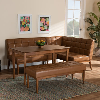 Ensemble de 4 coins repas en similicuir brun clair et bois au fini noyer, H 31,5 po x l 74,4 po x P 53,5 po