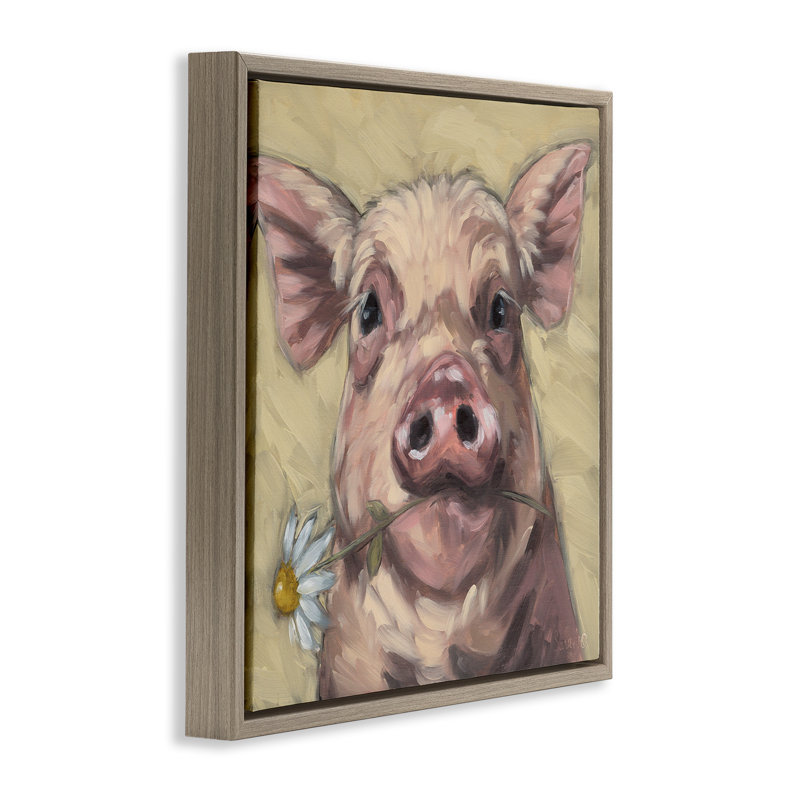 Cadre flottant cochon tenant une marguerite, H 18 po x l 18 po, Cadre flottant orme Montalcino