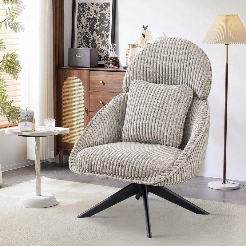 Areyah Swivel Accent Chair with Pillow Comfy Lounge Chair, Light Gray Corduroy
