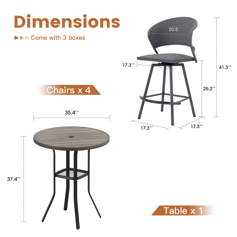Ensemble bistro 5 pièces pour l'extérieur avec table de bar ronde et chaises de bar pivotantes rembourrées en osier