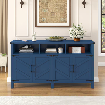 59" Modern 4-Door Sideboard with Power & USB, Adjustable Shelves, Half-Open Storage, Metal Accents