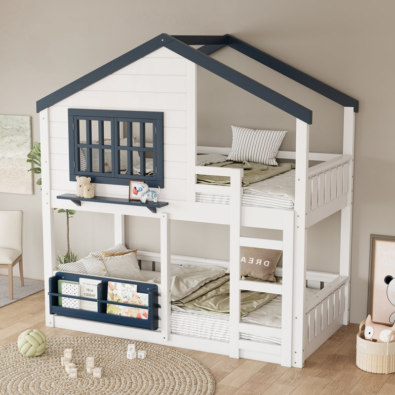 Lit superposé simple avec bibliothèque, conception de maison, clôture de sécurité de haute qualité, idéale pour les chambres d'enfants et maximisant l'espace