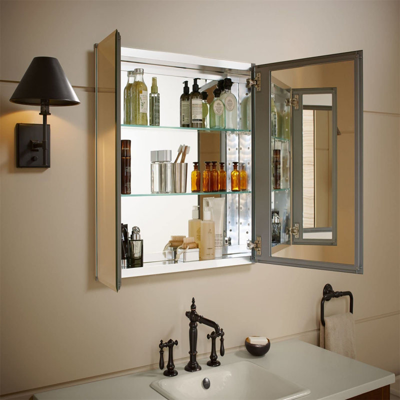 Deux armoires à pharmacie l 30 po x H 26 po avec portes miroir, bords biseautés, 30 x 26 x 5 po, aluminium anodisé