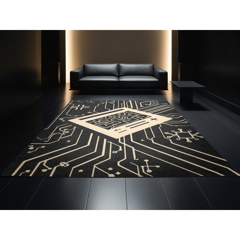 Soft Plush Montauk Eight Bit Console Retro Geometric Area Rug in Black – Black Binding, 2x4