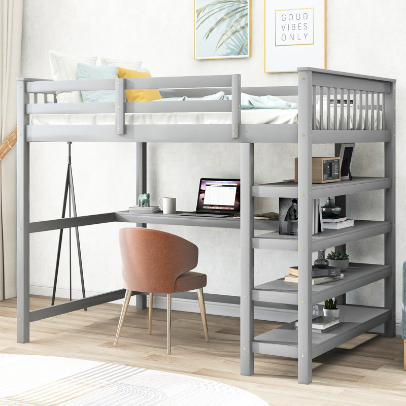 Lit mezzanine double gris avec rangement sous le bureau. Fabrication en bois massif. Chambre à coucher avec bureau à tablettes. Forte optimisation de l'espace