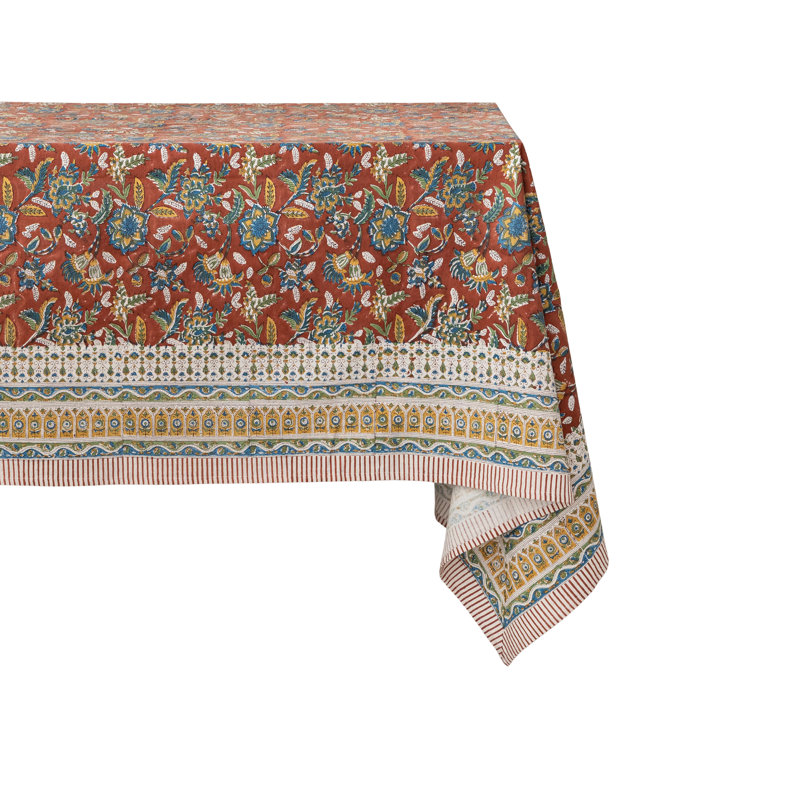 Nappe en coton et lin imprimée à la planche avec motif floral
