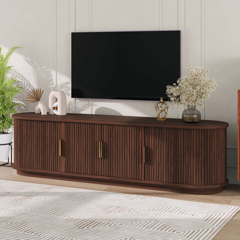 Farmhouse Wooden TV Stand With Sliding Tambour Door, Fluted Media Console With Adjustable Storage, Walnut