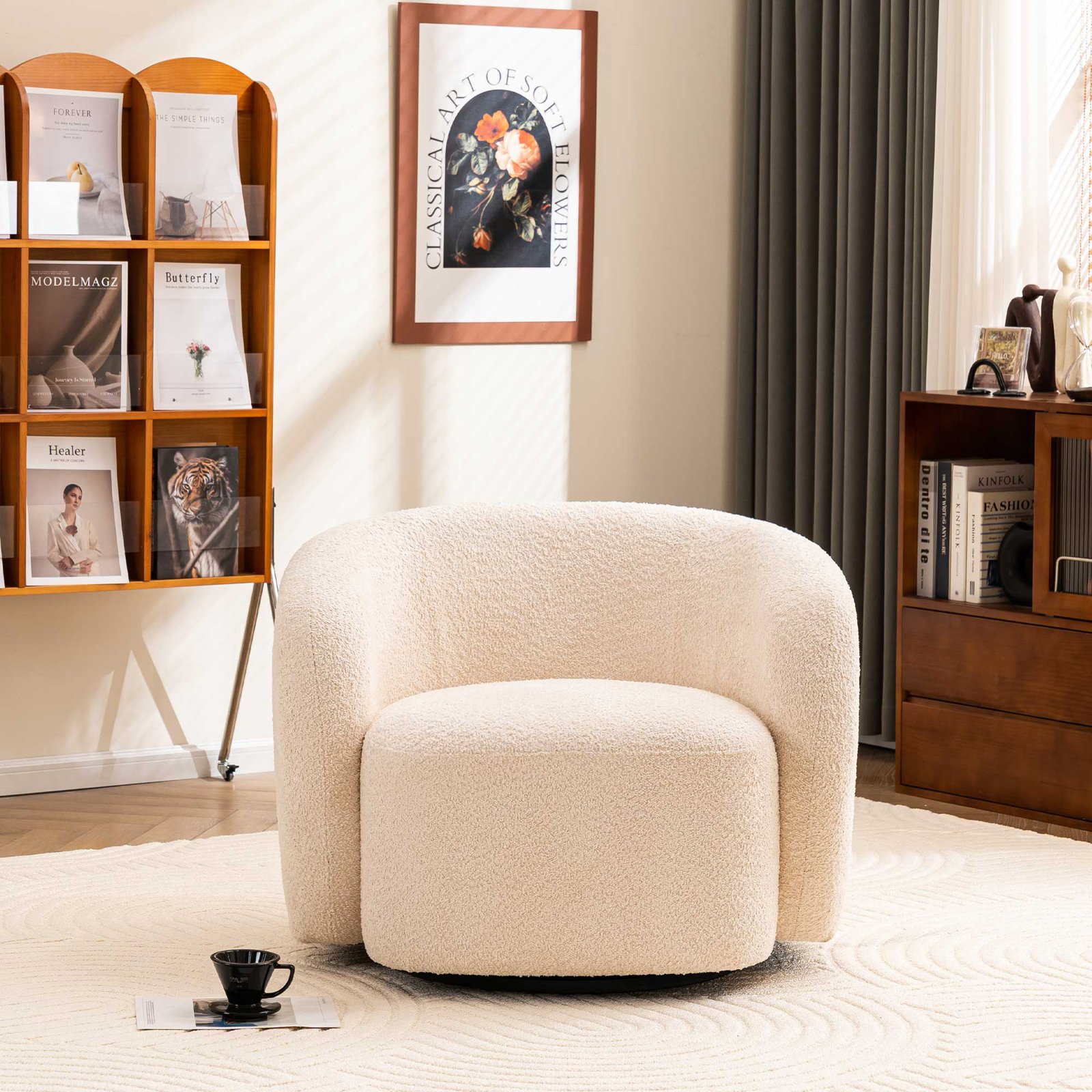 Munehito Upholstered Swivel Barrel Chair, Beige