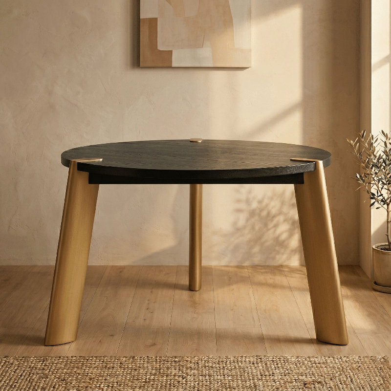 Tribase 47 Inch Round Dining Table, Seats 4 to 6, Three Brushed Gold Tapered Legs, Solid Rubberwood Modern Table for Dining Room & Kitchen, Easy Assembly, Burnt Black