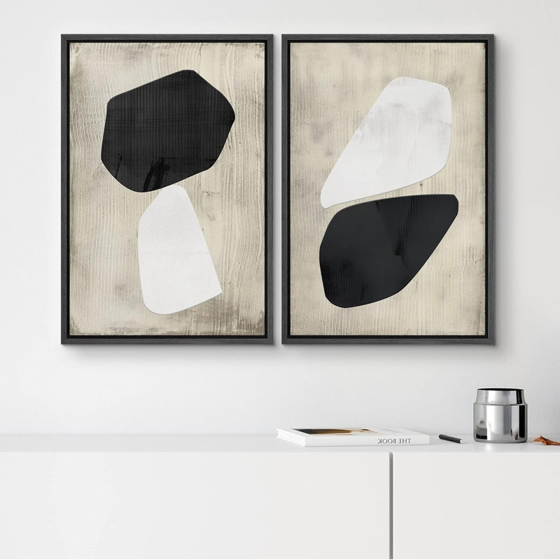 Ensemble de 2 reproductions sur toile encadrées de motifs abstraits Mid-Century, Noir, H 24 po x l 16 po