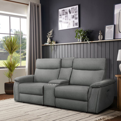 Enjolie 93.5" Modern & Contemporary Textured Fabric Power Reclining Loveseat with Ultra Space-Saving Design, Integrated Center Console with USB and Cup Holders