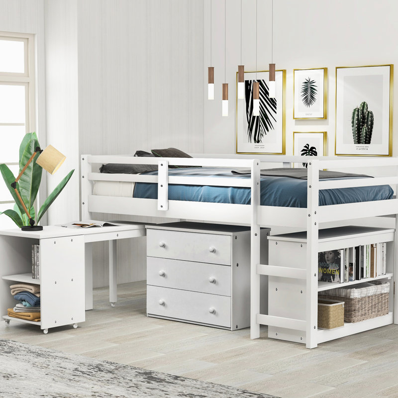 Low Study Twin Loft Bed With Cabinet & Desk - White, Material Rolling Strong Frame