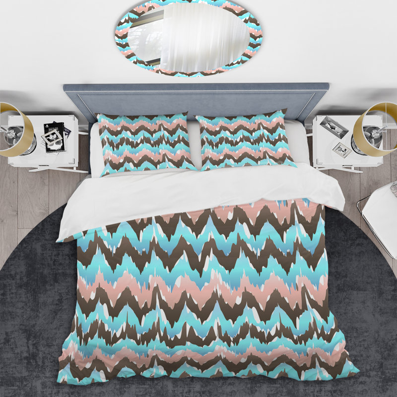 Ensemble de housse de couette à motif ikat Ogee brun et bleu, Housse de couette simple + 1 taie décorative stan