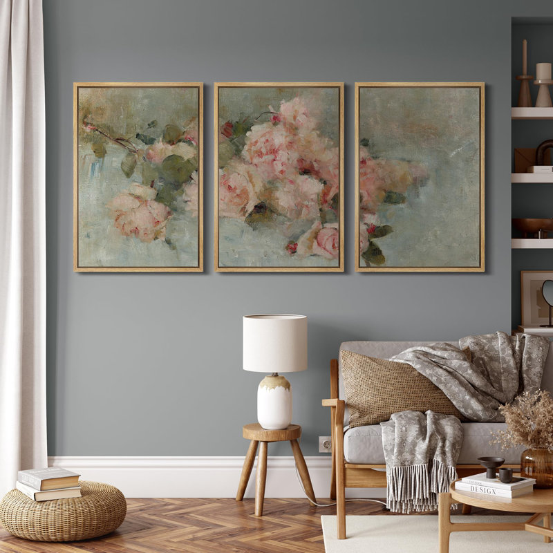 «Soft Rose Blush Impressionist Pink Roses Nature Wilderness Illustration Decor Panoramic Earth», 3 pièces sur toile
