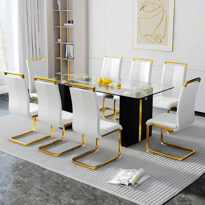 Baileyville 8 - Person Glass Top Pedestal Dining Set, 9, Marble White, Light Gray/Silver