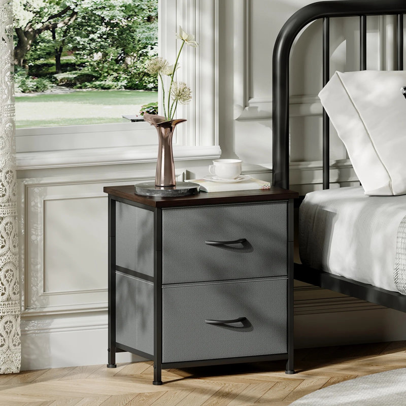 Nightstand, Small 2 Drawer Dresser Night Stand With Fabric Bins, Bedside Furniture, End Table, Gray