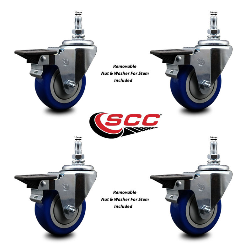 3.5 Inch_Polyurethane 10MM Threaded Stem Caster Set with Brake, Blue