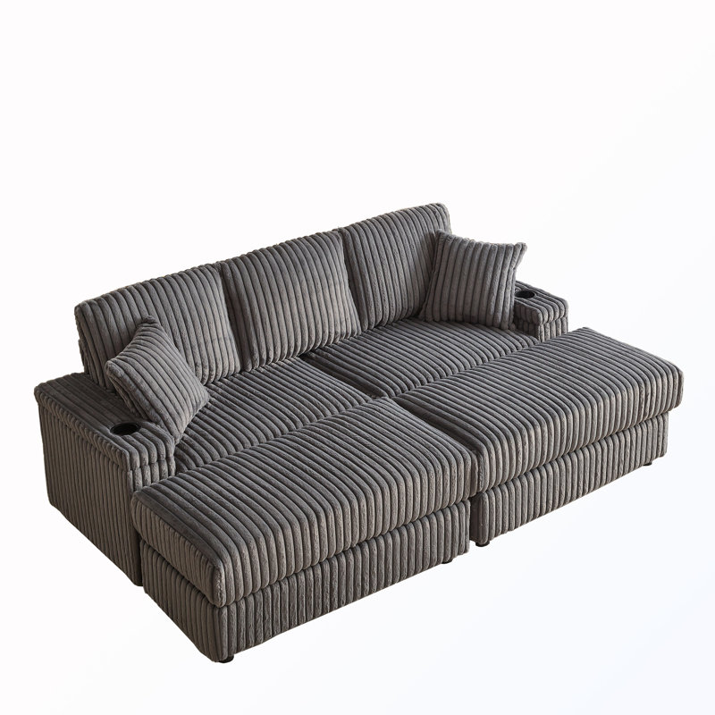 3-Seat Cup-Holding Grooves Sectional Sofa With Pillows And 2 Storage Ottoman, Green Corduroy