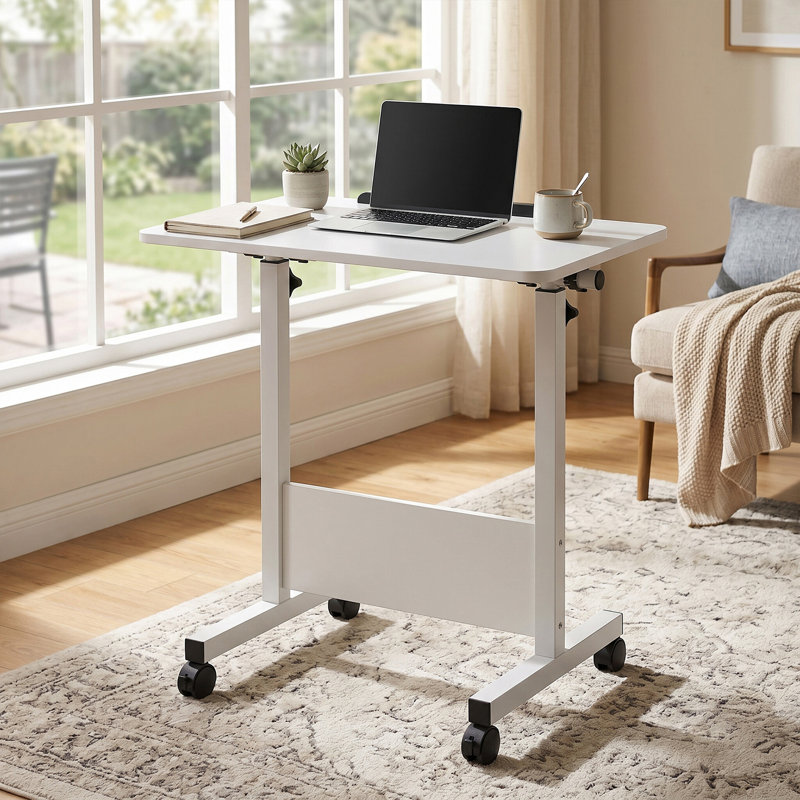 Adjustable Height Solid Wood Iron Computer Desk, White