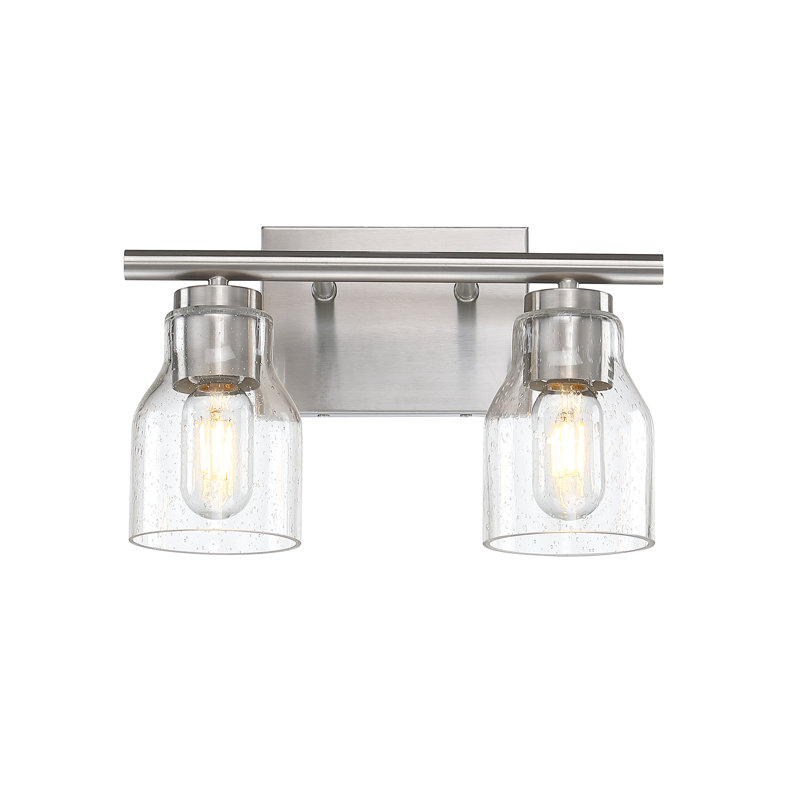 Éclairage pour salle de bain 2 lumières en nickel brossé 13 po avec abat-jour en verre bullé transparent, Nickel brossé, 2