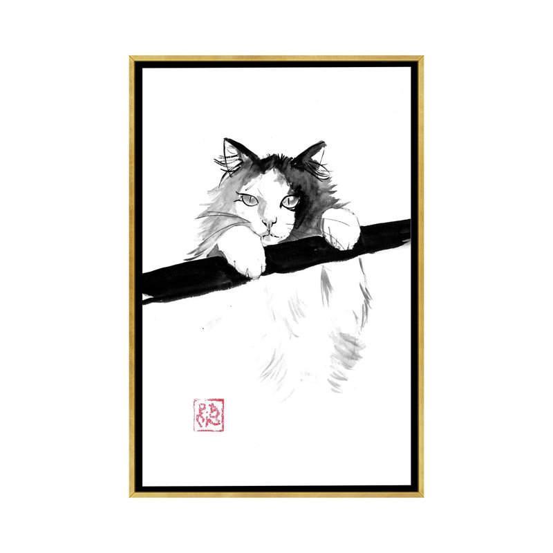 Chat japonais - reproduction d'art murale - toile encadrée, 40" x 26", Framed Canvas, Gold