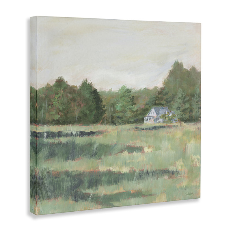 «Farmhouse Across Meadow», art mural sur toile par Sue Schlabach, H 17 po x l 17 po