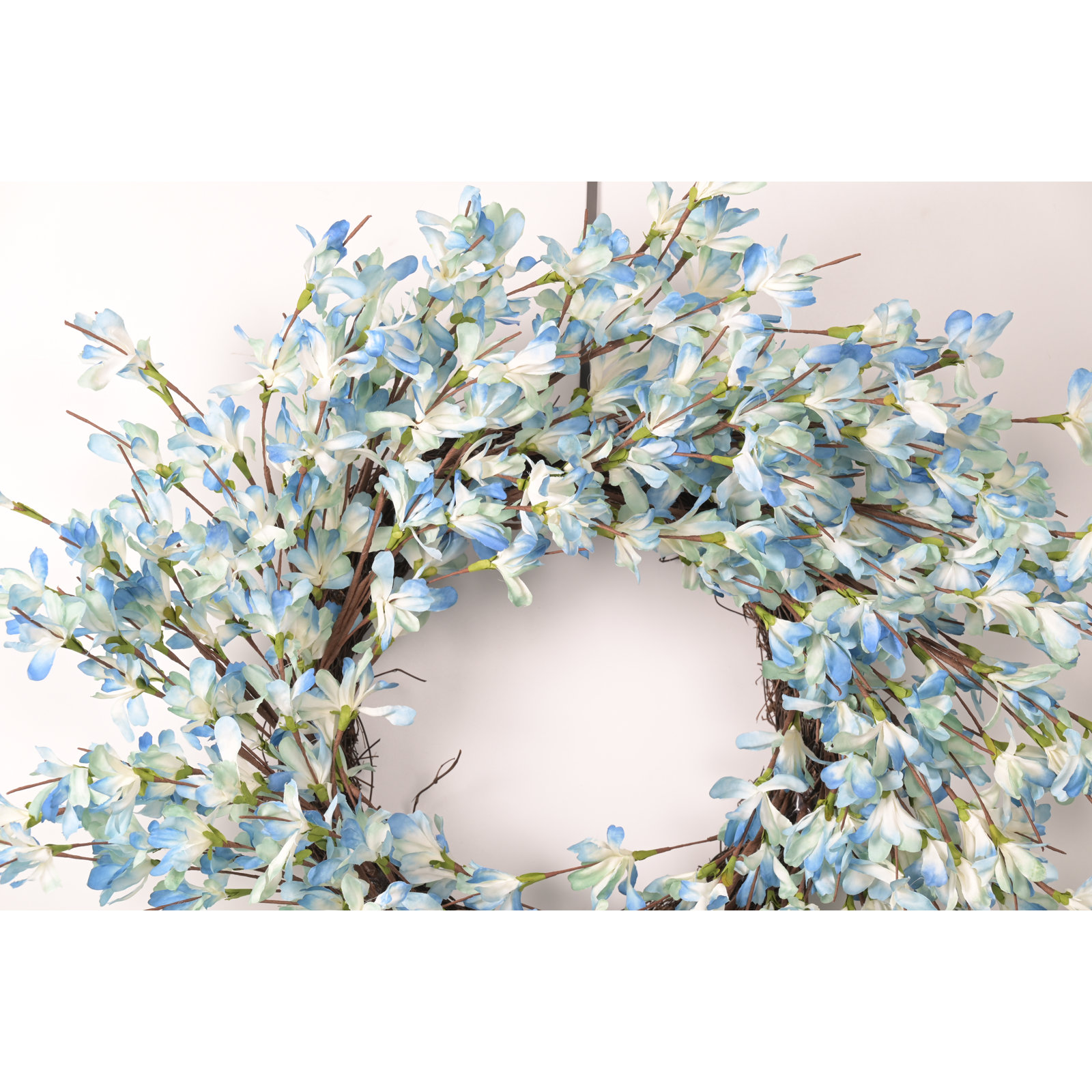 24" Handcrafted Faux Forsythia Silk Wreath for Front Door, Blue