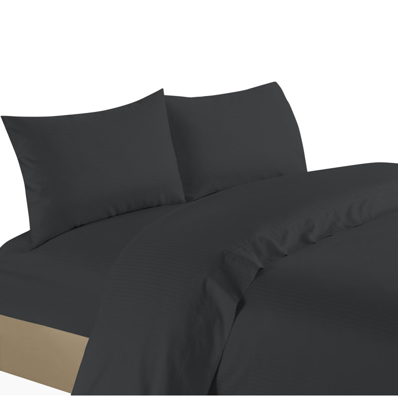 100% Cotton Striped Sheet Set, Full Sheet Set + Fitted Sheet + 2 Pillowcases, Black