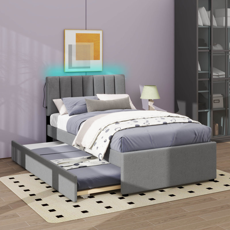 Lit plateforme tapissier avec lit gigogne Ramonda, gris