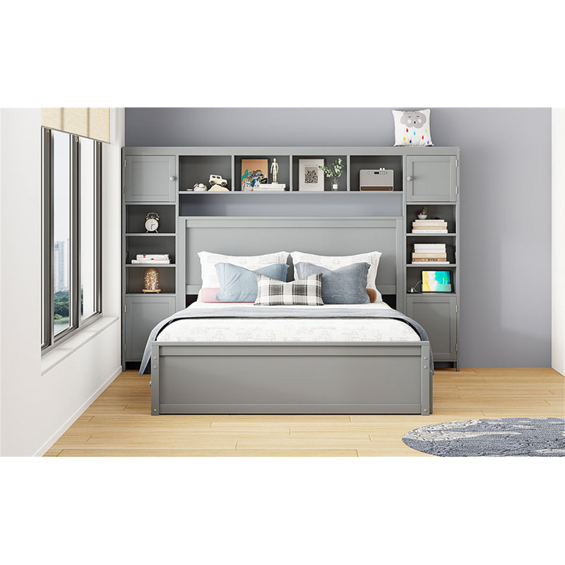 Lit en bois avec armoire tout-en-un, Gris