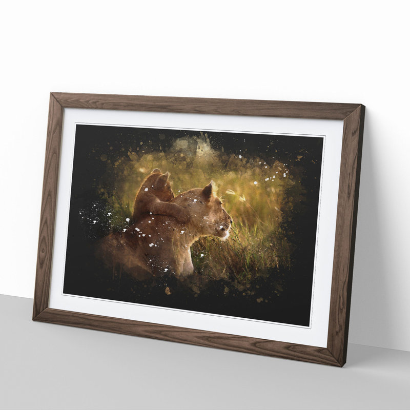 Lioness with Lion Cub - Picture Frame Graphic Art on MDF, Walnut Framed, 27cm H x 36cm W x 2cm D