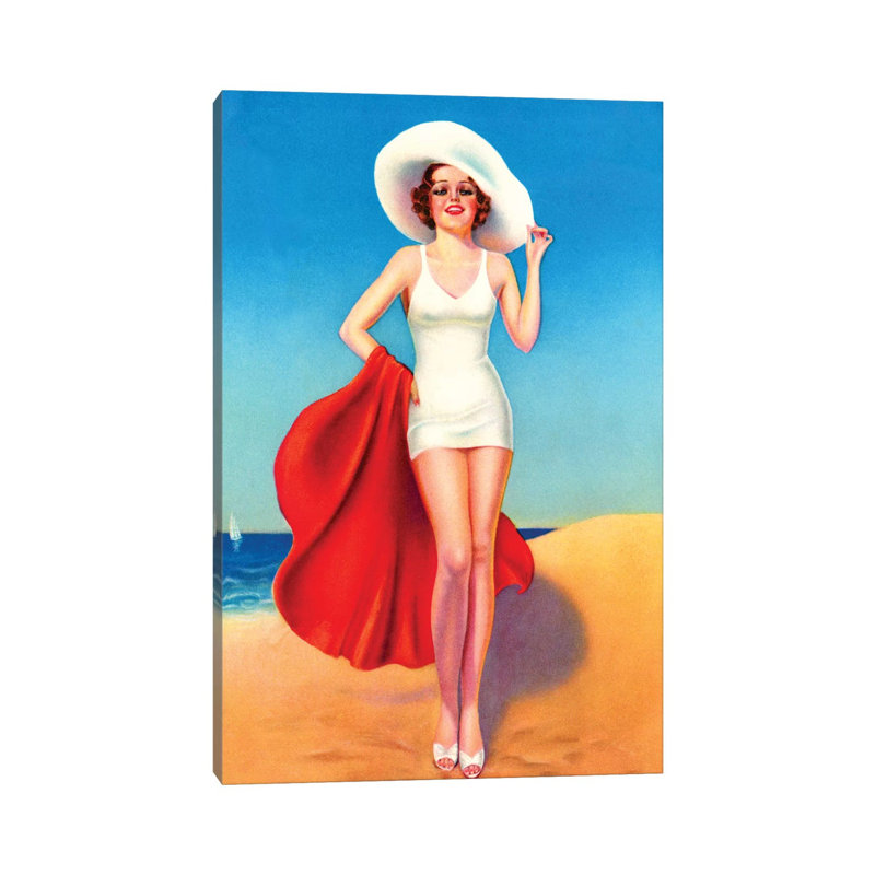 «Beach Babe Pin-up» par Piddix - impression sur toile tendue, H 26 po x l 18 po x 1,5 po